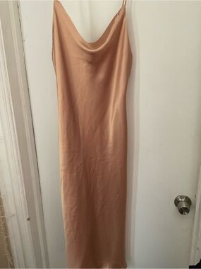 Satin Cowl-Neck Midi Slip Dress in Nude Tan